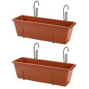 2x stuks hangende reling Plantenbak terracotta 50 x 17 x 15 cm met kunststof beugels