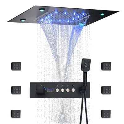 Thermostatische Douchekraan met LED Display - Ingebouwde Smart Functie | Vierkante Douchestraal | Messing | Zwart