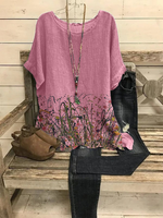 Gray Crew Neck Casual Floral T-shirt - thumbnail