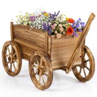 Houten Plantenbak Rustieke Bloemenwagen met Wielen en Handvat Decoratieve Bloemenstandaard
