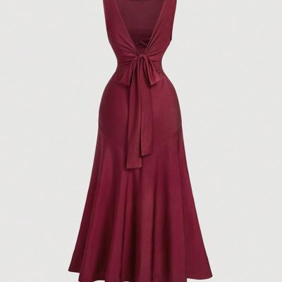Burgundy Backless Evening Gown - Elegant High Waist Long Dress L