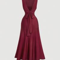 Burgundy Backless Evening Gown - Elegant High Waist Long Dress L