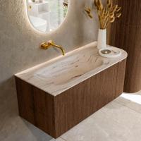Badmeubel Mondiaz Kurve-Dlux | 105 cm | Meubelkleur Walnut | Wastafelkleur Nata | Solid surface | Wasbak linker zijde spoelbak | Zonder kraangat(en) Badmeubel Mondiaz Kurve-Dlux | 105 cm | Meubelkleur Walnut | Wastafelkleur Nata | Solid surface | Wasbak linker zijde spoelbak | Zonder kraangat(en)
