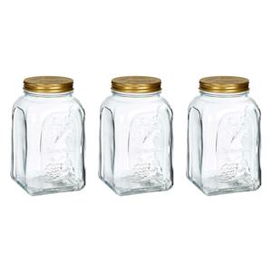 Voorraadpot/bewaarpot Square - 3x - glas - 1,5L - transparant/goud - D10 x H19 cm - voedsel bewaren