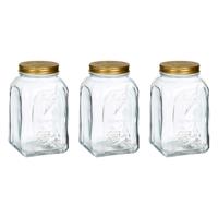 Voorraadpot/bewaarpot Square - 3x - glas - 1,5L - transparant/goud - D10 x H19 cm - voedsel bewaren