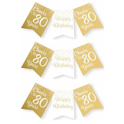 Verjaardag vlaggenlijn 80 jaar - 3x - binnen - karton - wit/goud - 600 cm Verjaardag vlaggenlijn 80 jaar - 3x - binnen - karton - wit/goud - 600 cm