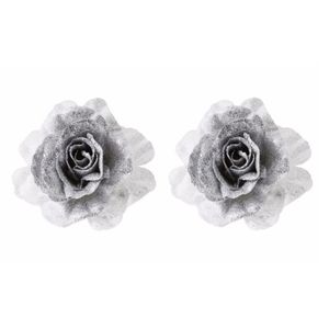 6x Kerstboomversiering bloem op clip zilver/wit kerstbloem 18 cm