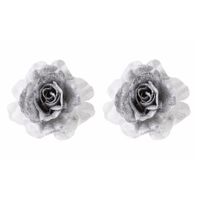 6x Kerstboomversiering bloem op clip zilver/wit kerstbloem 18 cm