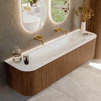 Mondiaz KURVE-DLUX 170 cm Onderkast Greeploos 1 Lade Met Deuren Walnut, Wastafel Solid Surface Midden Ostra 0 Kraangaten Zonder Spiegel (KRVBGL170L+R1L2D0KM-Wal/Ost)