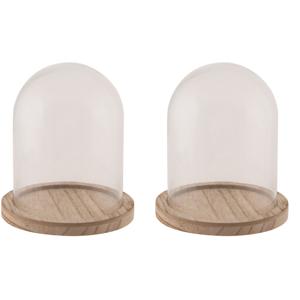 Glazen decoratie stolp op houten plateau - 2x - D10 x H16 cm - Home Deco stolpen - Woonaccessoires