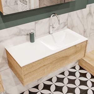 Mondiaz Lush Cloud badmeubel eiken licht 100 cm 1 lade solid surface enkele spoelbak rechts 1 kraangat