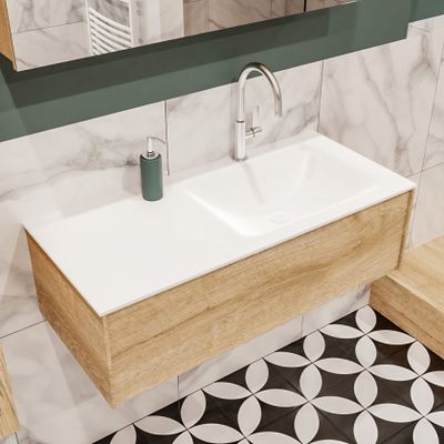 Mondiaz Lush Cloud badmeubel Washed oak 100 cm 1 lade solid surface enkele spoelbak rechts 1 kraangat