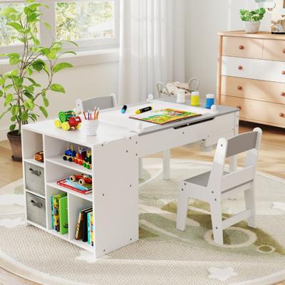 Kindertafel en Stoelenset met Papierrol Klapdeksel Planken Stoffenbakken Draagbare Organizer voor Kunstbenodigdheden om te Tekenen