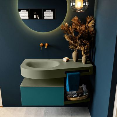 MONDIAZ RIVA 100cm badmeubel onderkast / planchet kleur Smag met 1 lade. Wastafel DULCET links 0 kraangaten kleur Army. MONDIAZ RIVA 100cm badmeubel onderkast / planchet kleur Smag met 1 lade. Wastafel DULCET links 0 kraangaten kleur Army.