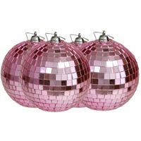 Grote discobal kerstballen - 4x stuks - roze - 10 cm - kunststof - thumbnail