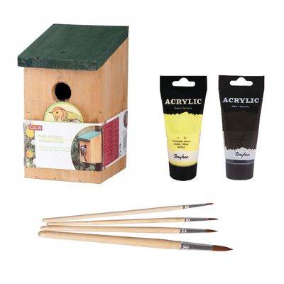 Houten vogelhuisje/nestkastje 22 cm - zwart/geel Dhz schilderen pakket