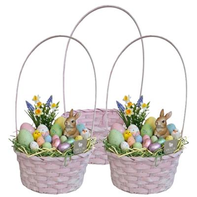 Rieten mandje met hengsel - 3x - lichtroze - D20 x H38 cm - paasmandje