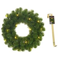 Groene verlichte kerstkransen/deurkransen met 30 LEDS 60 cm en met gouden hanger - Kerstkransen - thumbnail