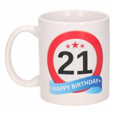 21 jaar Verjaardag koffiemok - cadeau beker - stopbord print - 300 ml - keramiek - wit