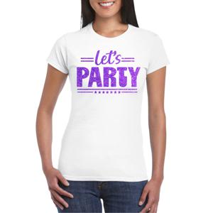 Verkleed T-shirt voor dames - lets party - wit - glitter paars - carnaval/themafeest