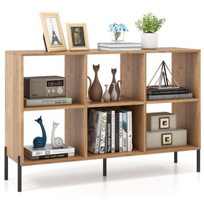 Open Boekenkast met 6 Vakken 2 Niveaus Hout Verhoogde Metalen Poten 5-Positie Verstelbare Planken Anti-Kantelset voor Thuis