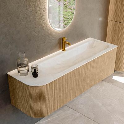 Mondiaz KURVE-DLUX 145 cm Onderkast Greeploos 1 Lade Met Deuren Oak, Wastafel Solid Surface Rechts Ostra 1 Kraangat Zonder Spiegel (KRVBGL145L1L1D1KR-Oak/Ost)