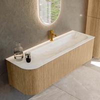 Mondiaz KURVE-DLUX 145 cm Onderkast Greeploos 1 Lade Met Deuren Oak, Wastafel Solid Surface Rechts Ostra 1 Kraangat Zonder Spiegel (KRVBGL145L1L1D1KR-Oak/Ost)