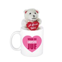 Cadeau beker hartje voor de liefste juf + beertje met hartje - Juffendag/ Bedankt Juf cadeautje - feest mokken