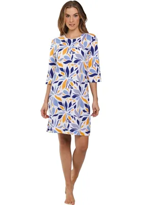 Dames zomer nachthemd driekwart mouw - Graphic Leaves - Modal dames nachtjapon