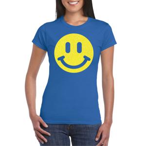 Verkleed T-shirt voor dames - smiley - blauw - carnaval/foute party - feestkleding