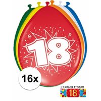 Versiering 18 jaar ballonnen 30 cm 16x + sticker - thumbnail