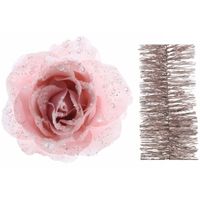 Kerstversiering kunststof glitter bloemen op clip 14 cm en folieslingers pakket lichtroze 5x stuks - thumbnail