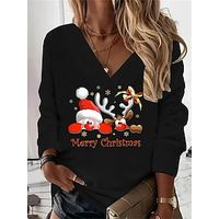 Dames Overhemd Zwart Rood Beige Afdrukken Kat Hert Kerstmis Casual Lange mouw V-hals Basic Kerstmis Normaal S