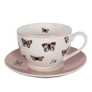 Clayre & Eef Kop en Schotel 200 ml Wit Roze Porselein Vlinders Servies Wit Servies