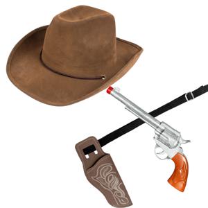 Carnaval verkleed set cowboyhoed Utah - bruin - en holster met revolver - volwassenen