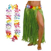 Hawaii verkleed hoela rokje en bloemenkrans met led - volwassenen - groen - tropisch themafeest - thumbnail