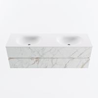 MONDIAZ VICA 150cm badmeubel onderkast Carrara 2 lades. Wastafel MOON dubbel zonder kraangat, kleur Talc.