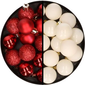 36x stuks kunststof kerstballen rood en wol wit 3 en 4 cm