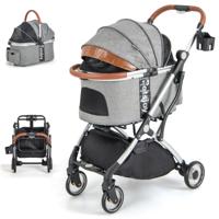 3-In-1 Kinderwagen voor Huisdieren Opvouwbare Honden- en Kattenwagen met Afneembare Waterdichte Hoes Opbergmand Grijs