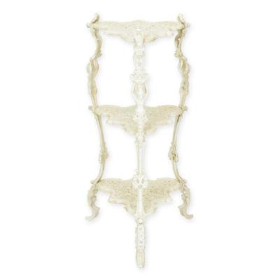 A CAST IRON 3 TIER FLOWER TABLE, WHITE