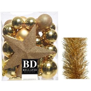 Kerstversiering kerstballen 5-6-8 cm met ster piek en folieslingers pakket goud van 35x stuks