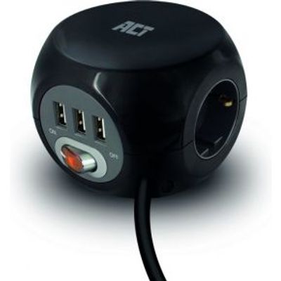 ACT Vierkante stekkerdoos (PDU) met 3 sockets type F, 3 USB-A poorten, 1,5m, zwart