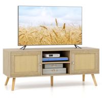 Boho TV-Standaard voor tv's tot 55 Inch PE Rotan met 2 Kasten en 5 Massief Houten Poten Houten TV-Meubel met 2 Kabelgaten Natuur