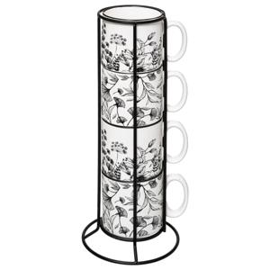 Koffiemokken Flowers - 4x stuks in metalen rekje - Keramiek - glans afwerking - 240 ml - 7 x 8 cm
