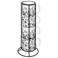 Koffiemokken Flowers - 4x stuks in metalen rekje - Keramiek - glans afwerking - 240 ml - 7 x 8 cm