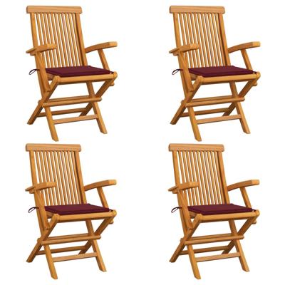 Tuinstoelen 4 st met wijnrode kussens massief teakhout