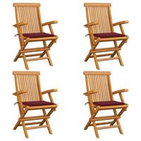 Tuinstoelen 4 st met wijnrode kussens massief teakhout