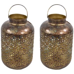 Lantaarn/windlicht - 2x - Oosterse stijl - goud - metaal - antieke uitstraling - 20 x 32 cm