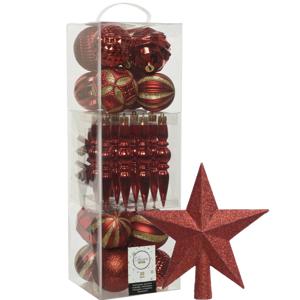 Decoris 30x st kunststof kerstballen, ornamenten en piek rood - Kerstbal