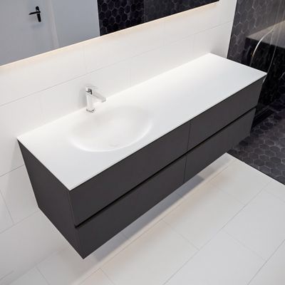 Mondiaz Vica Moon badmeubel antraciet mat 150 cm 4 lades solid surface enkele spoelbak links 1 kraangat